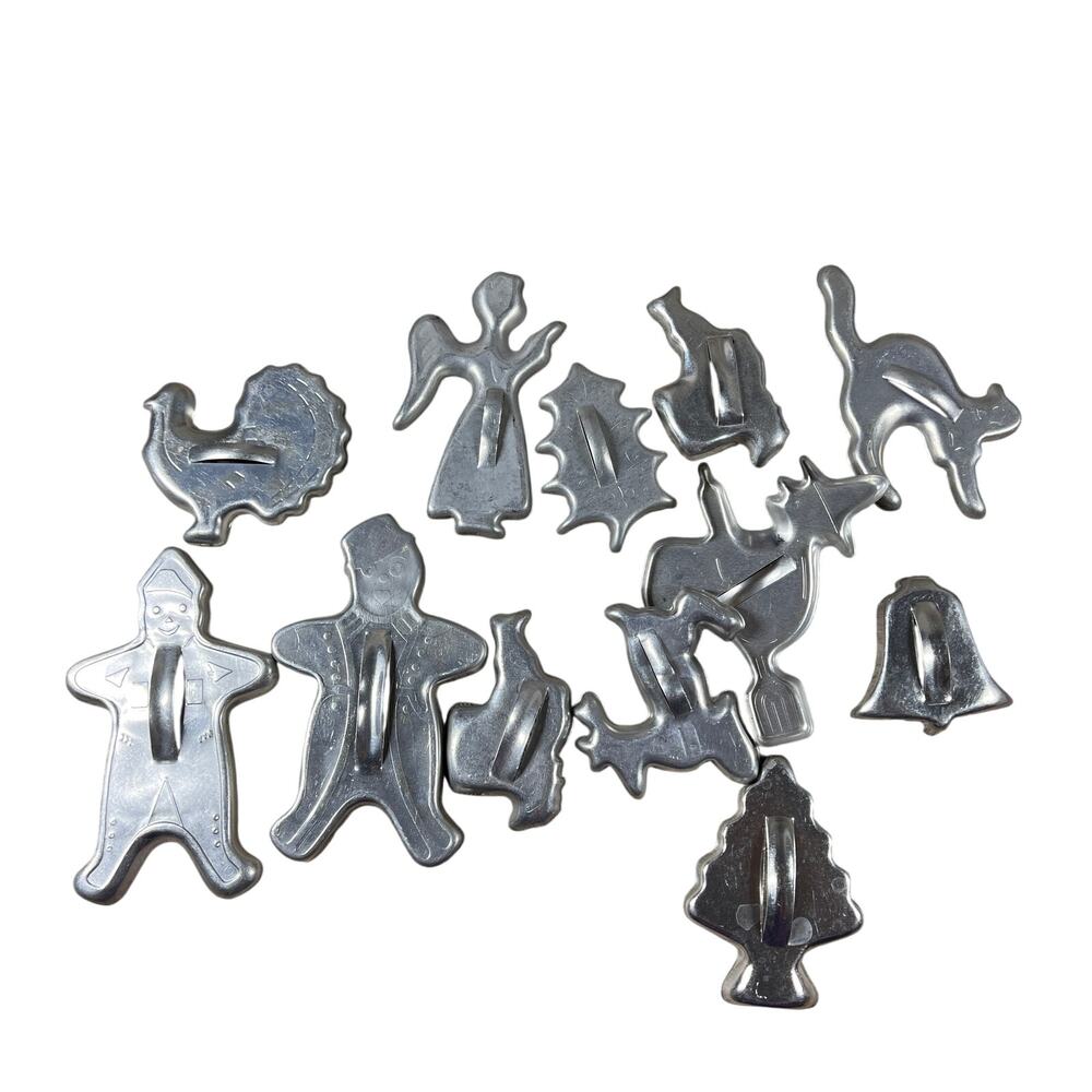 Vintage Aluminum Cookie Cutters Lot 13 Christmas Halloween Witch Deer Angel USA